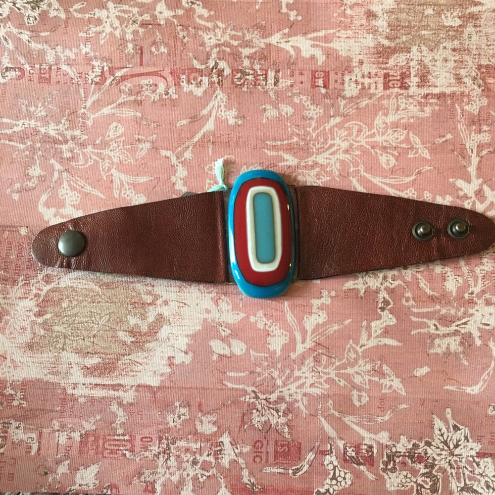 Red Blue & White Murano-Glass & Leather Bracelet
